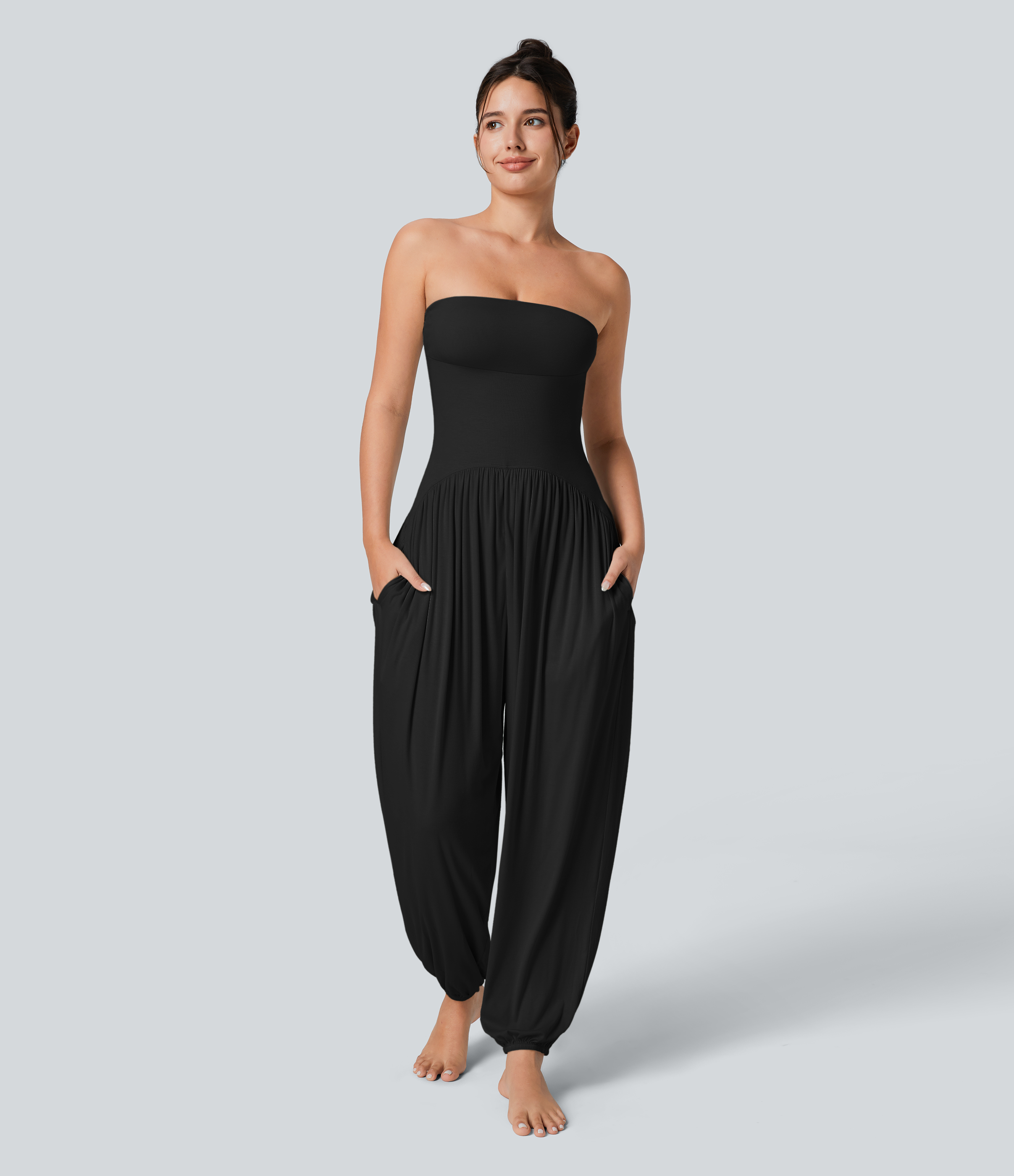 Ribbed Tube Backless Side Pocket Casual Jumpsuit  - Black