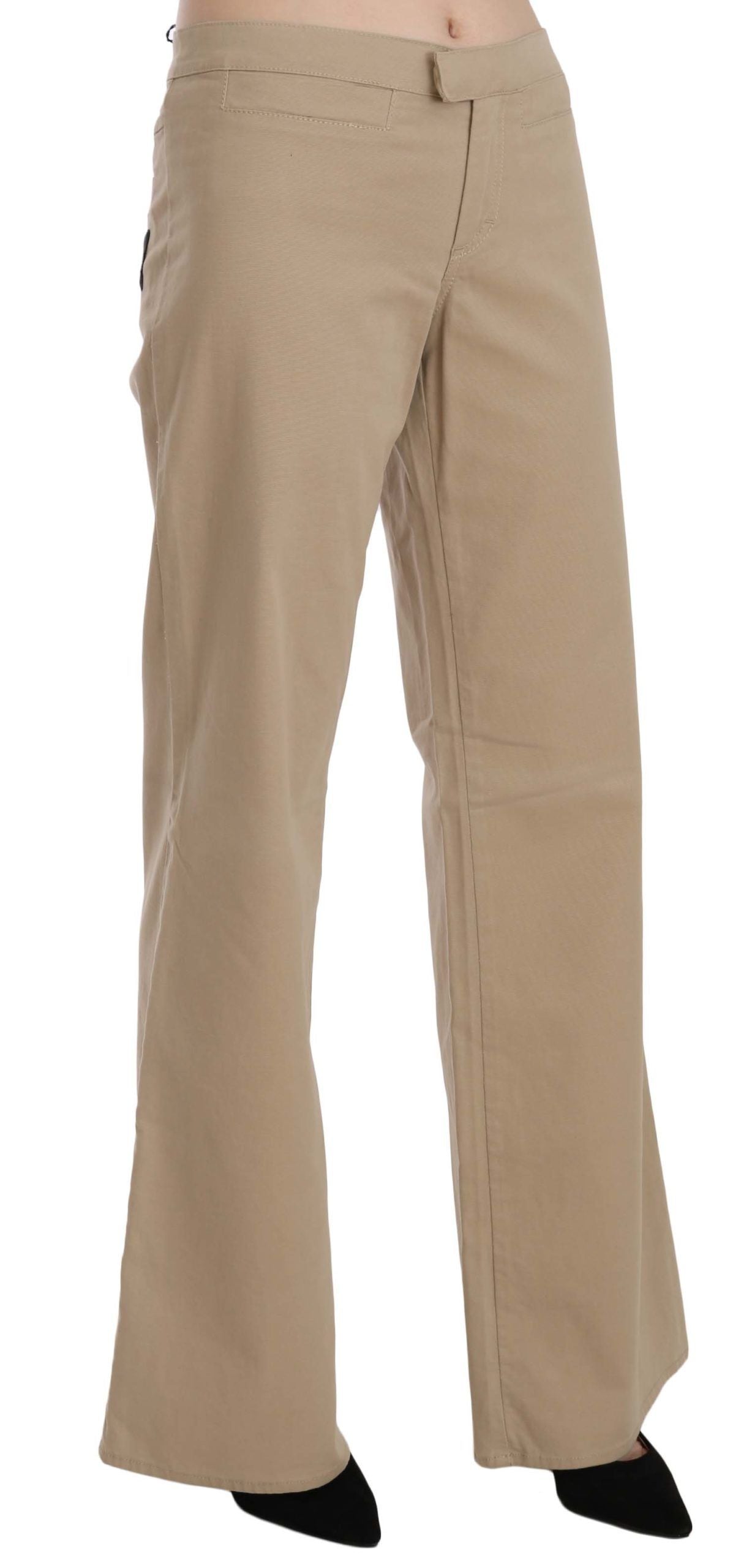 Mid Waist Flared Cotton Trousers — Beige