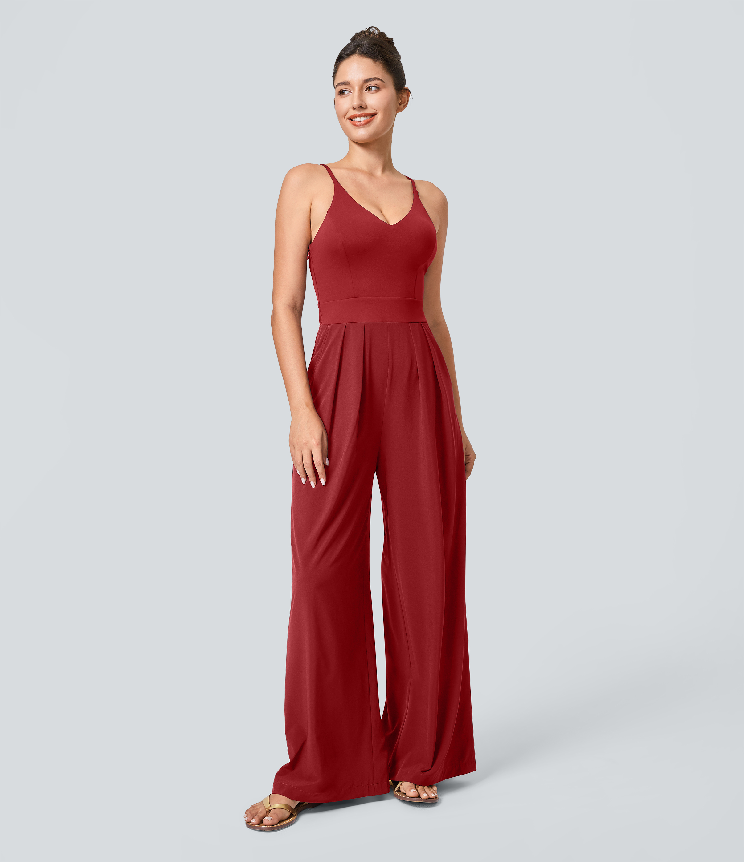 Breezeful™ Backless Side Invisible Zipper Pocket Wide Leg Quick Dry Resort Slip Jumpsuit  - Pompeian Red