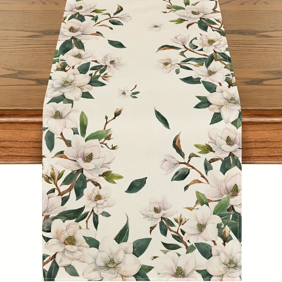 TEMU , Linen Table Runner, Flowers And Leaves Printed Table Runner, Seasonal Spring Theme Table Runner, Home Party Decor, Dining Decoration