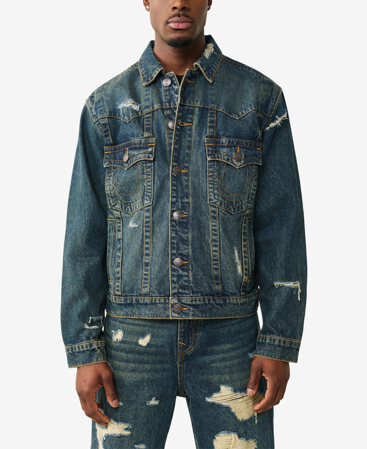 Men's Collared Destroyed Oversized Jacket - Rusted Denim Dark Wash