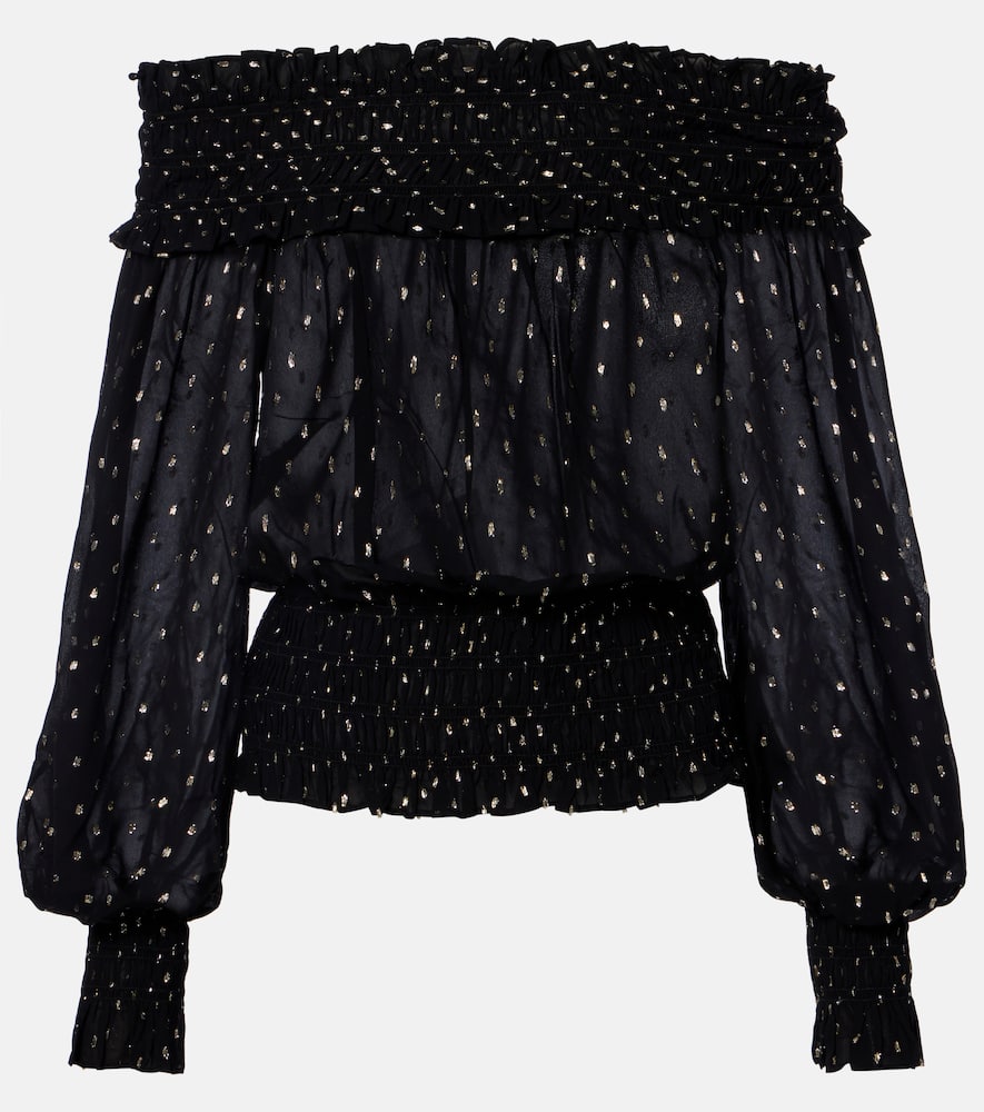 Shirred metallic-effect off-shoulder top