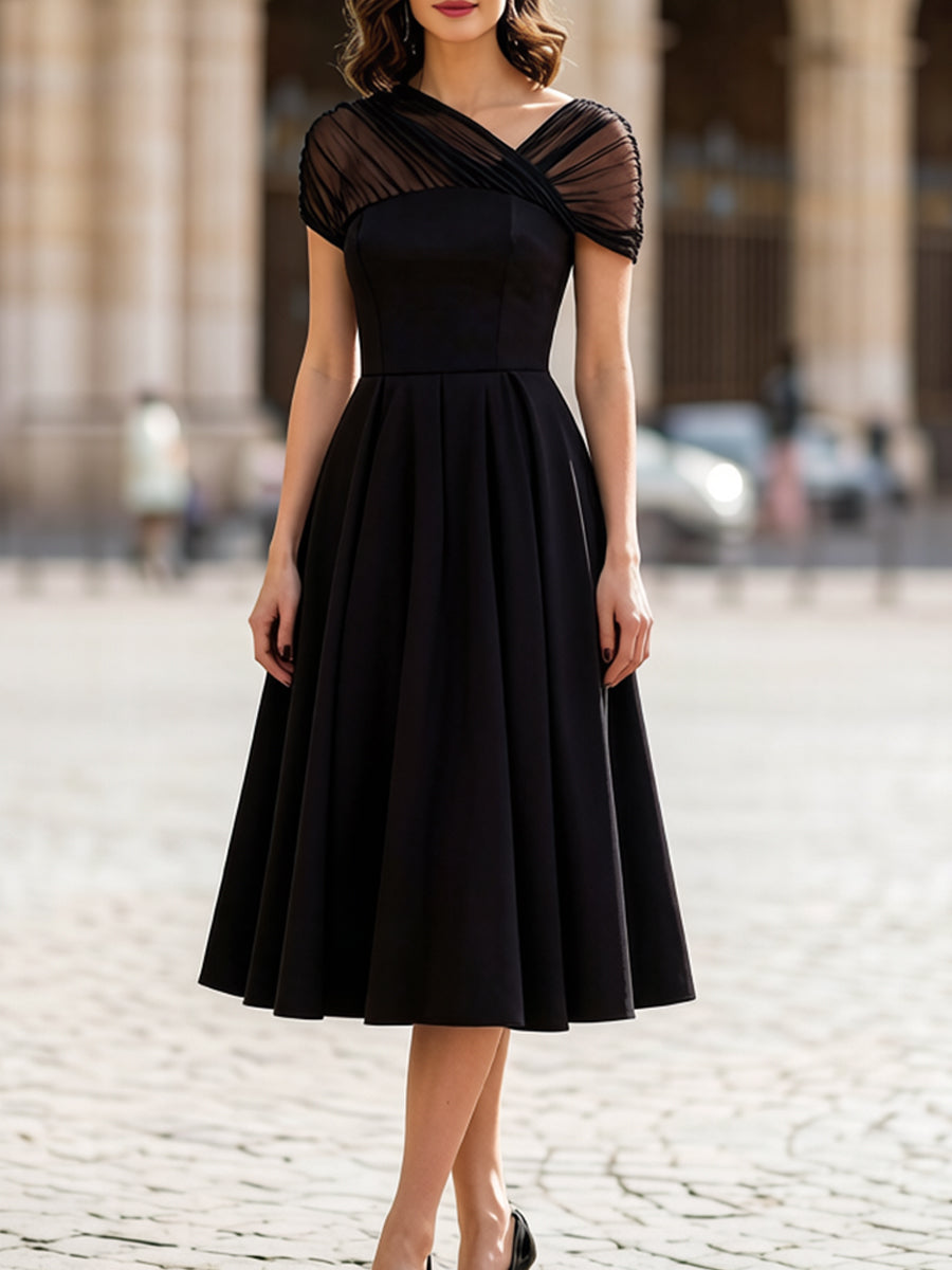 Black Sheer Tulle Cap Sleeve Pleated Fit-and-Flare Midi Dress - Black