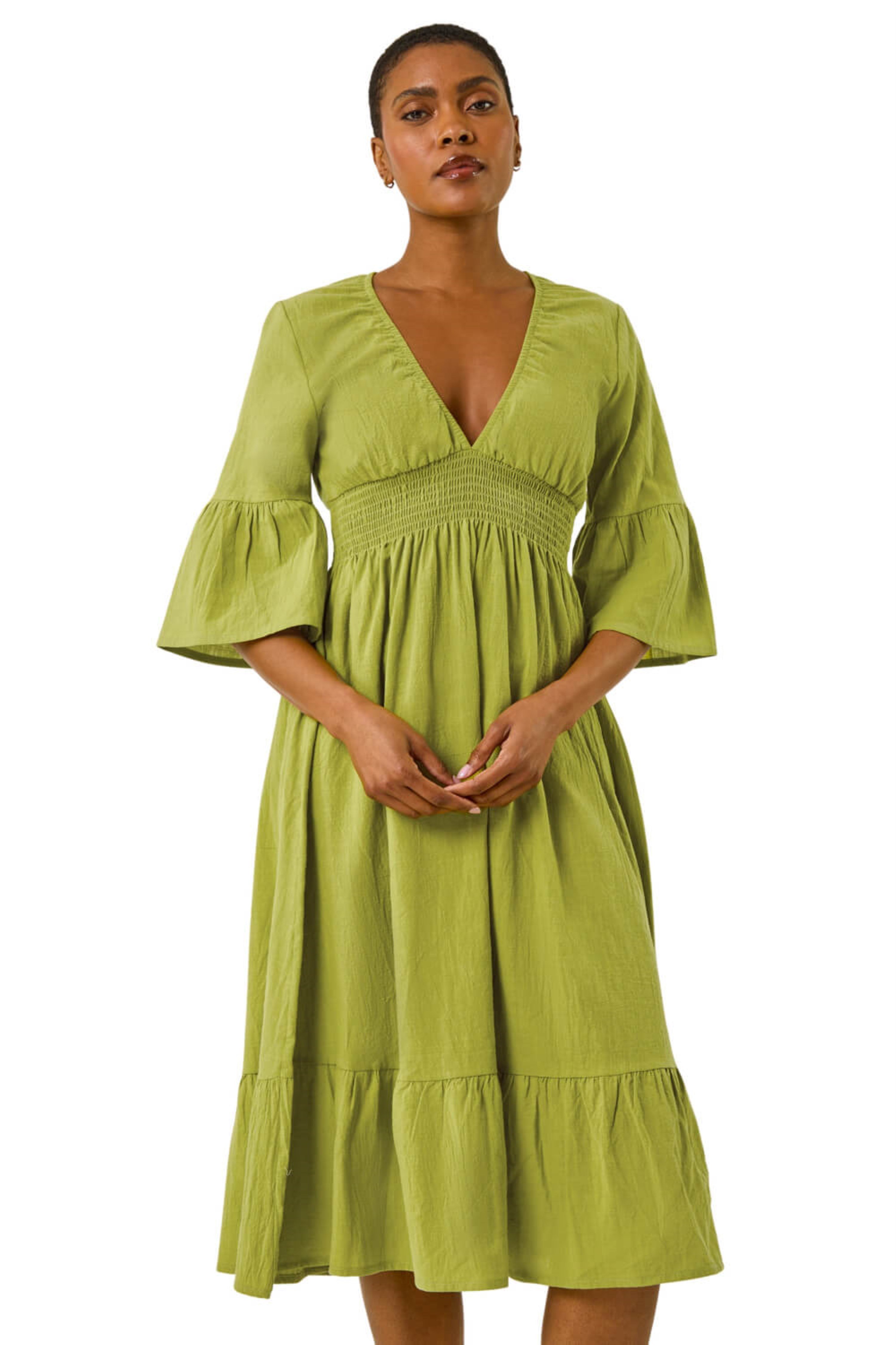 Roman Womens Linen Look Shirred Midi Dress - Lime Green