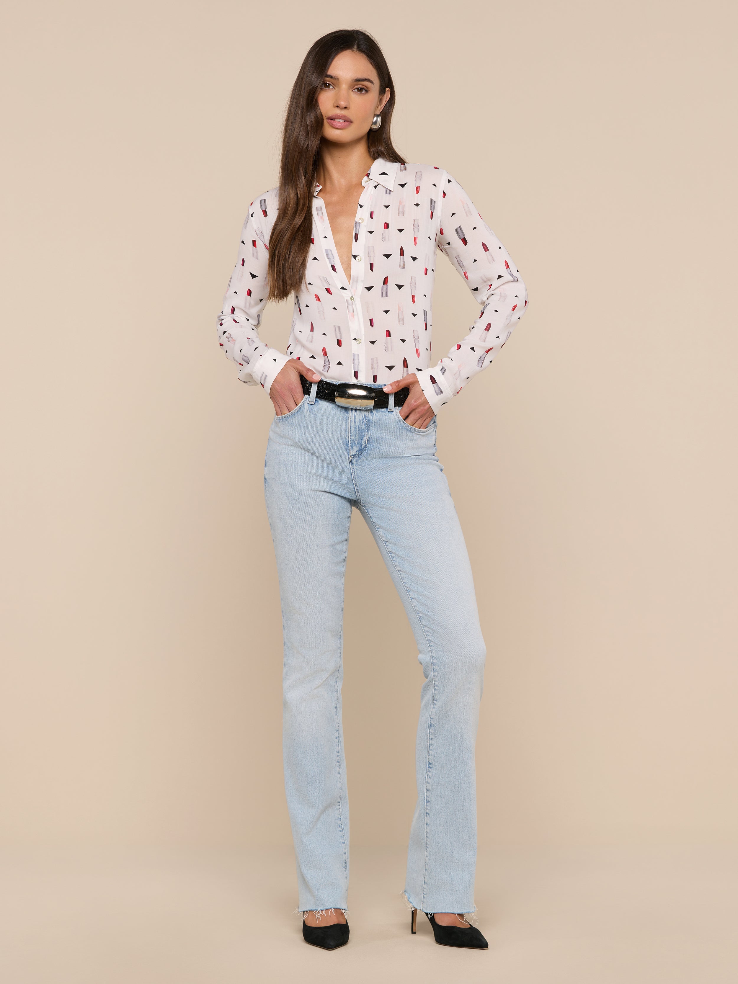 Holly Blouse Top In Ivory Multi Lipstick Geo