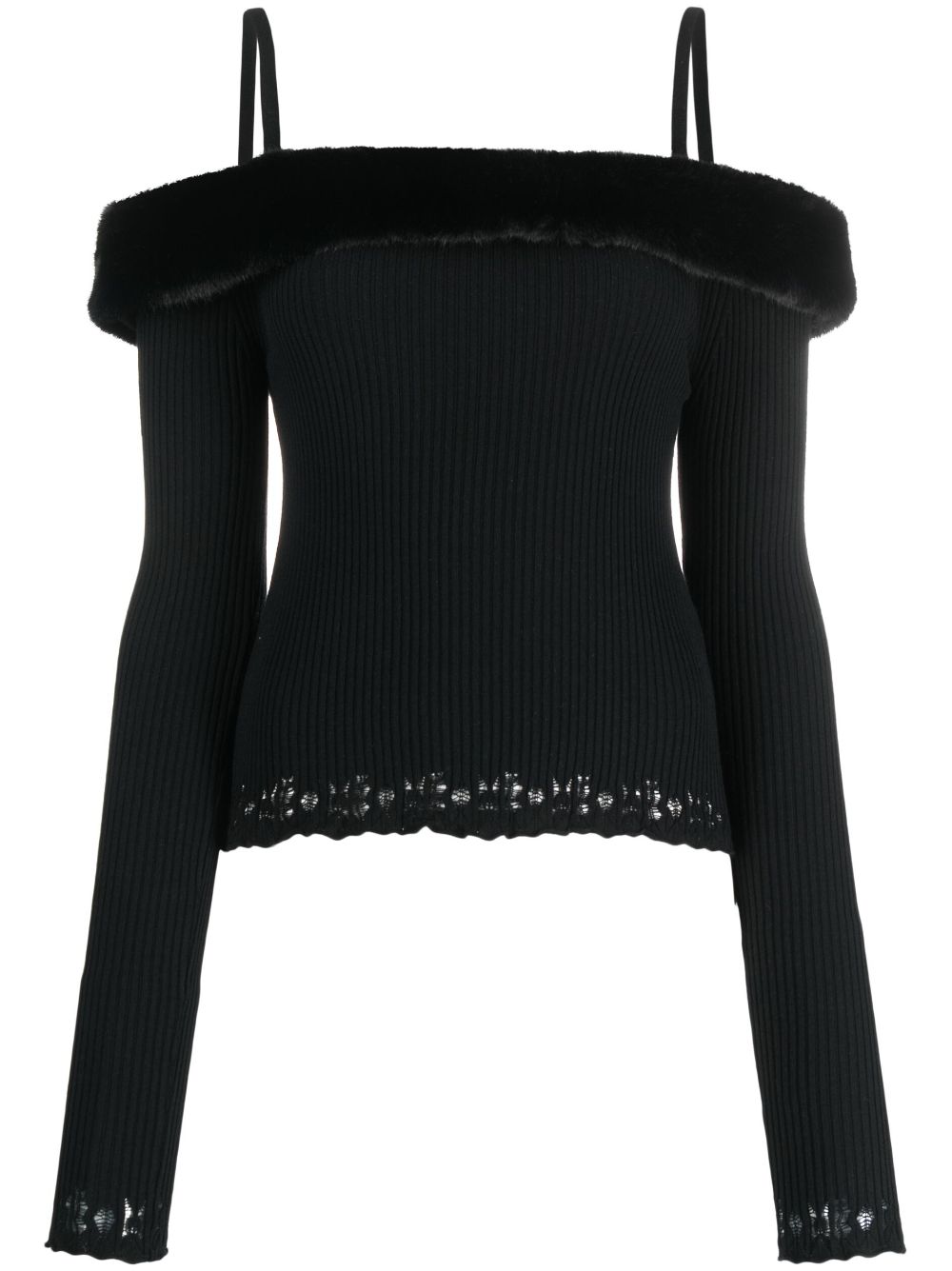 Faux-fur trim off-shoulder jumper - Black