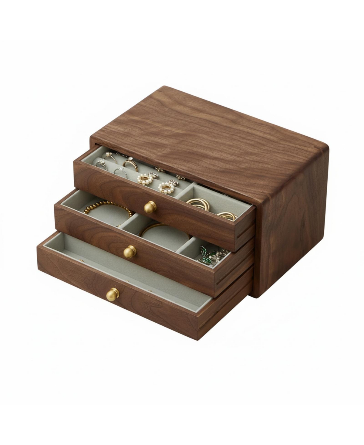 Solid Black Walnut Jewelry Organizer Box 3 Drawers Velvet Lined Brass Handles Large Storage - Brown