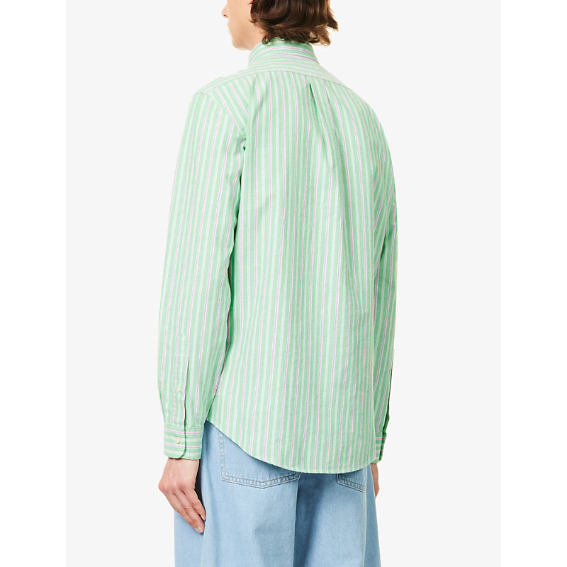 Mens 6345c Green/pink Multi Stripe-pattern Custom-fit Cotton Shirt 