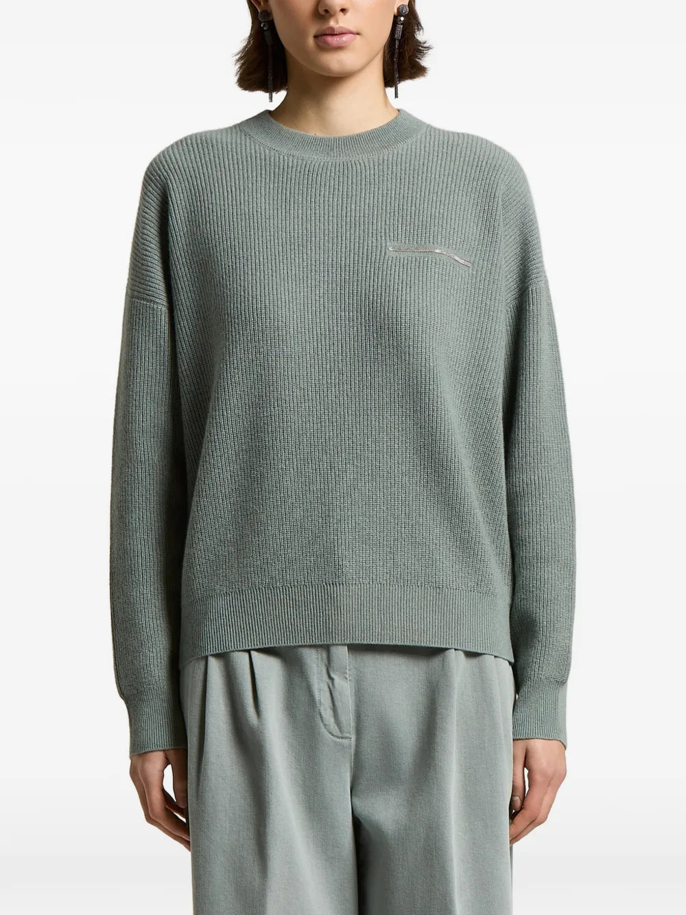 Ribbed-Knit Chain-Detail Sweater — Sage Green