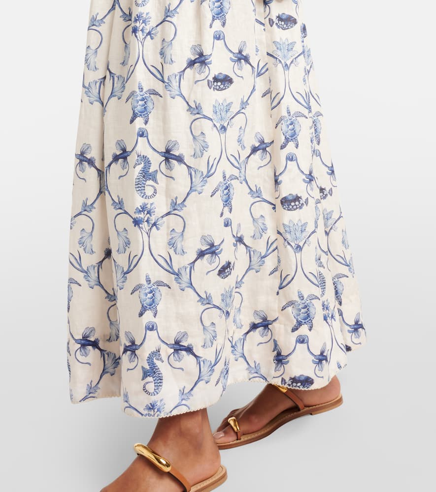 Printed high-rise linen maxi skirt