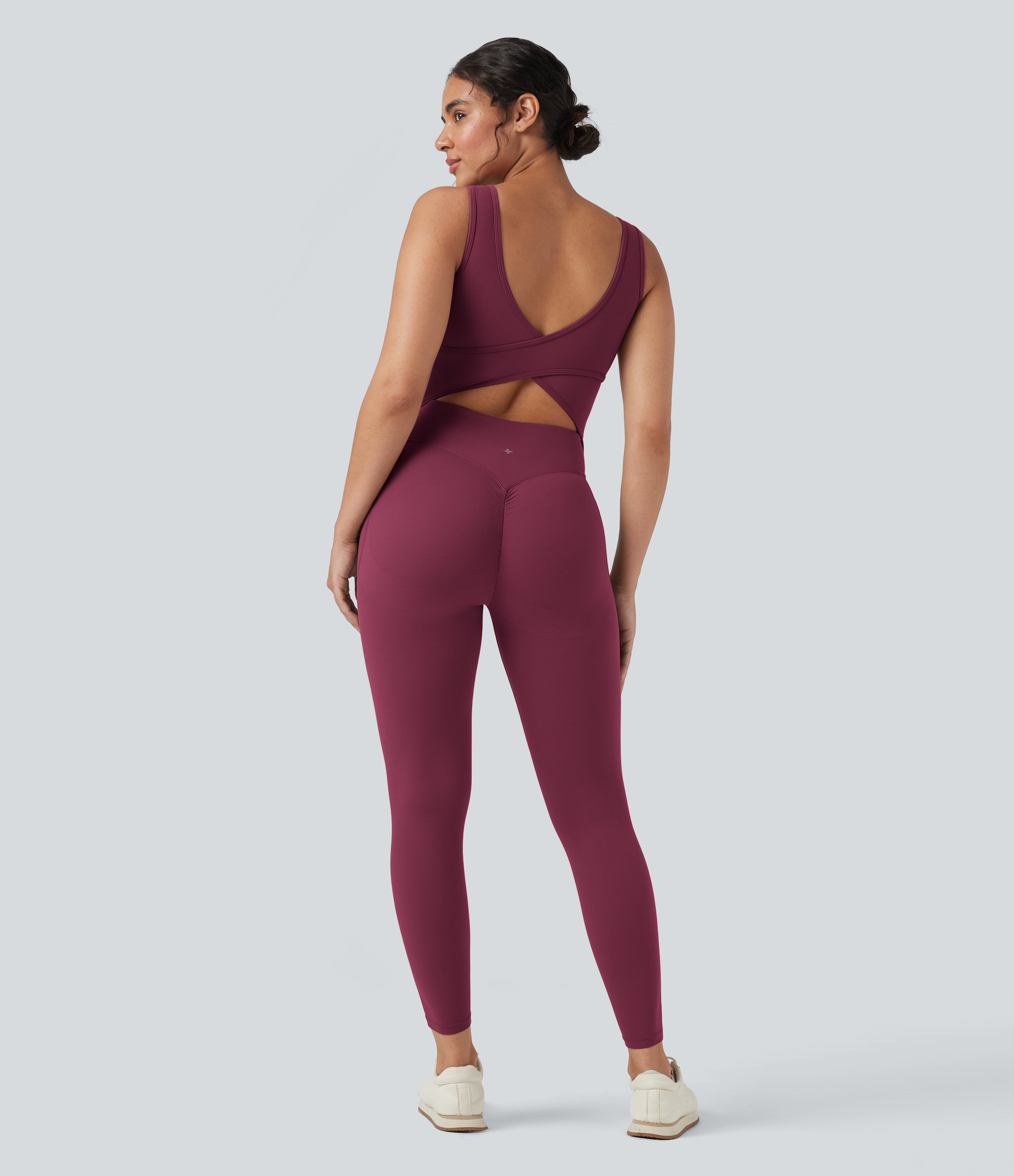 UltraSculpt™ V Neck Tummy Control Butt Lifting Workout Jumpsuit with Pockets Workout Dress - Red Plum