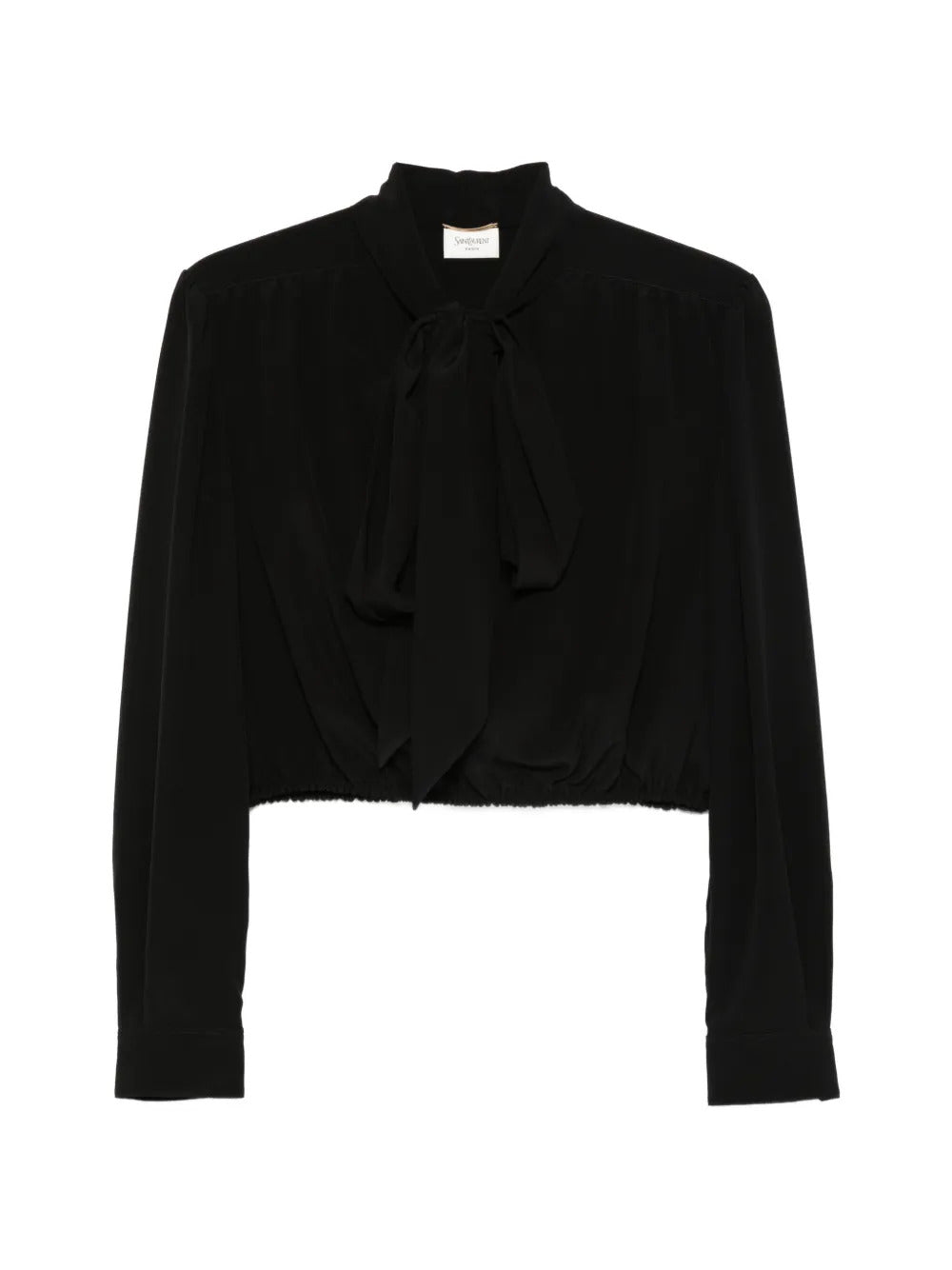 Silk Lavaliere Collar Button-Front Shirt with Gathered Hem