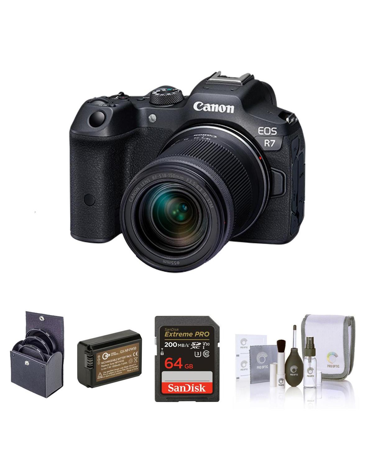 Eos R7 Mirrorless Camera with Rf-s 18-150mm f/3.5-6.3 Is Stm Lens, Bundle with Essentials Filter Kit, 64GB Memory Card, Extra Battery and - Blac