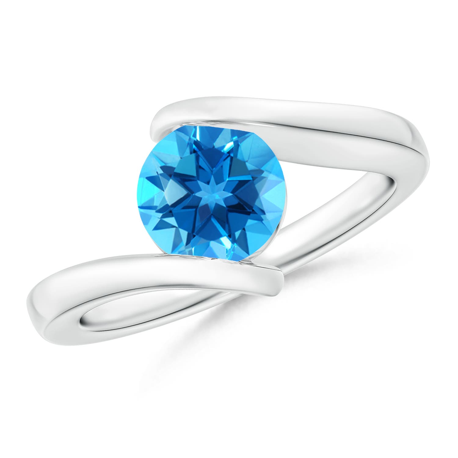 Angara 1.55 Carats Bar-Set Solitaire Round Swiss Blue Topaz Bypass Ring in Platinum