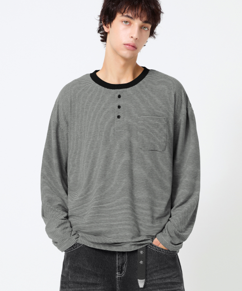 Thin Stripe Pocket Henry Neck Long Sleeve_4color