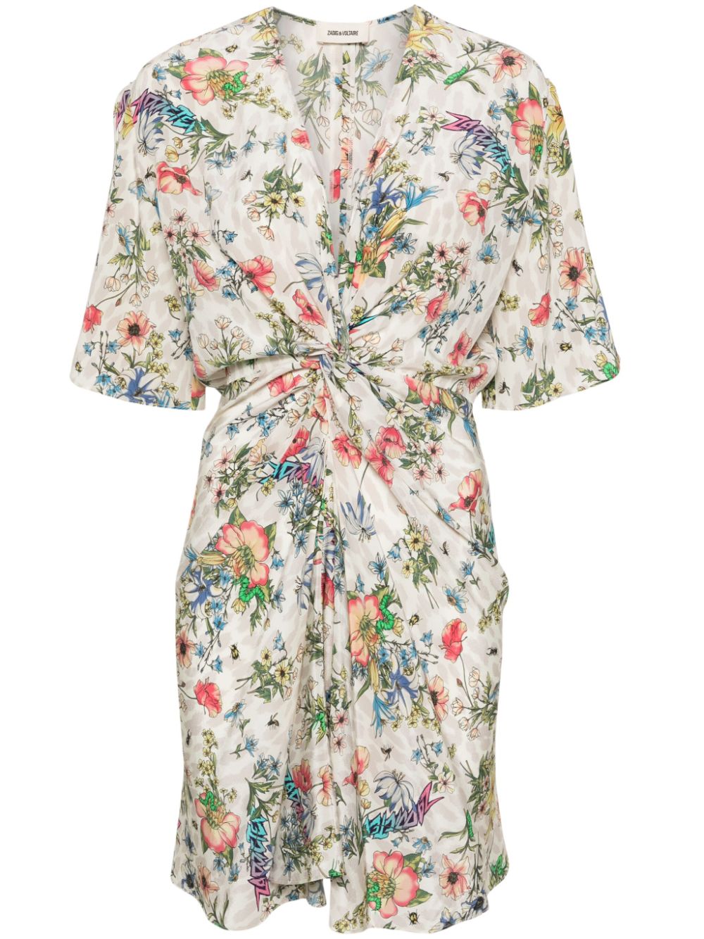 Rozom Twisted Garden-print minidress - Neutrals