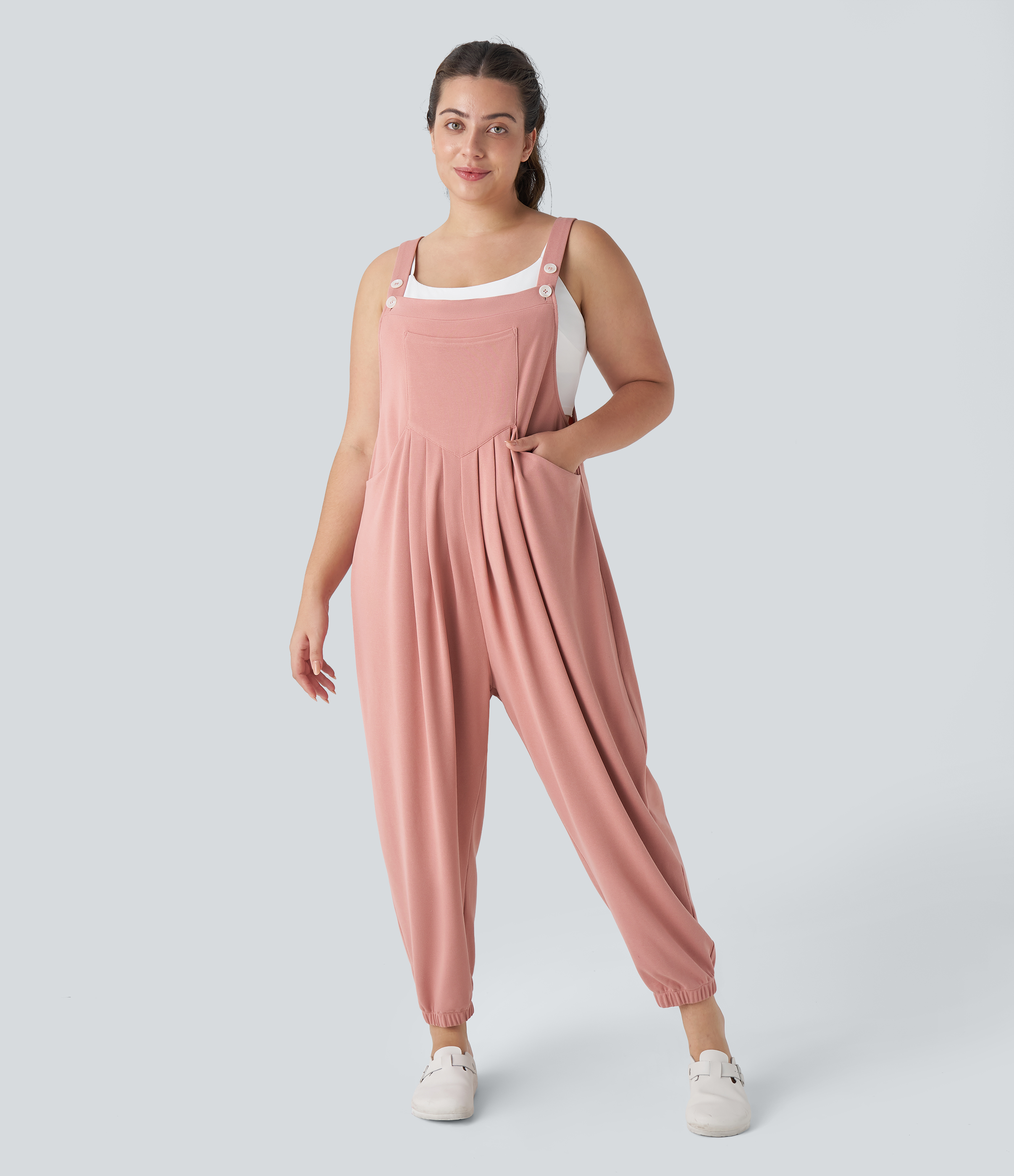 Pockets Waffle Casual Plus Size Jogger Overalls  - Rose Tan
