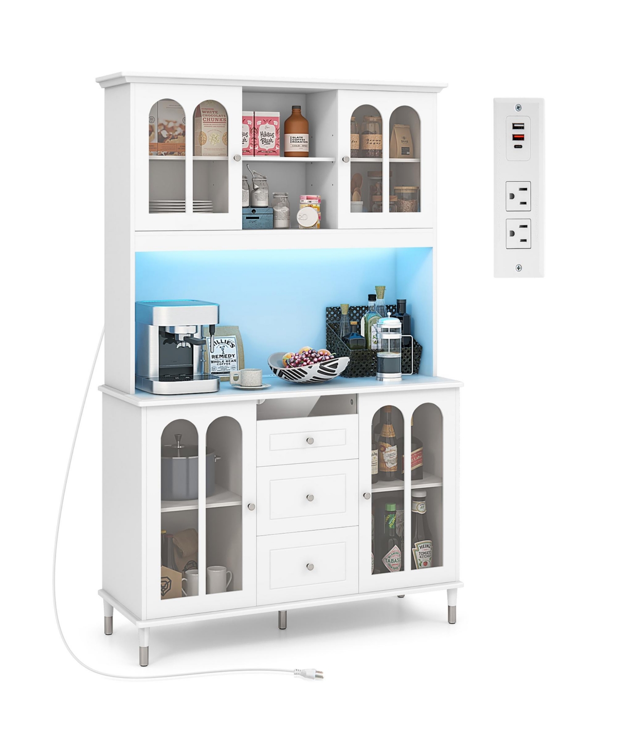73'' Tall Kitchen Pantry Storage Cabinet w/ Led Lights and Power Outlets - White