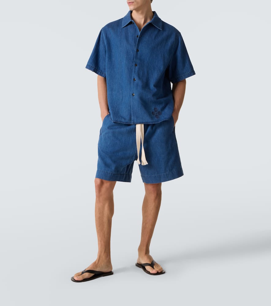 Embroidered oversized cotton-blend denim bowling shirt