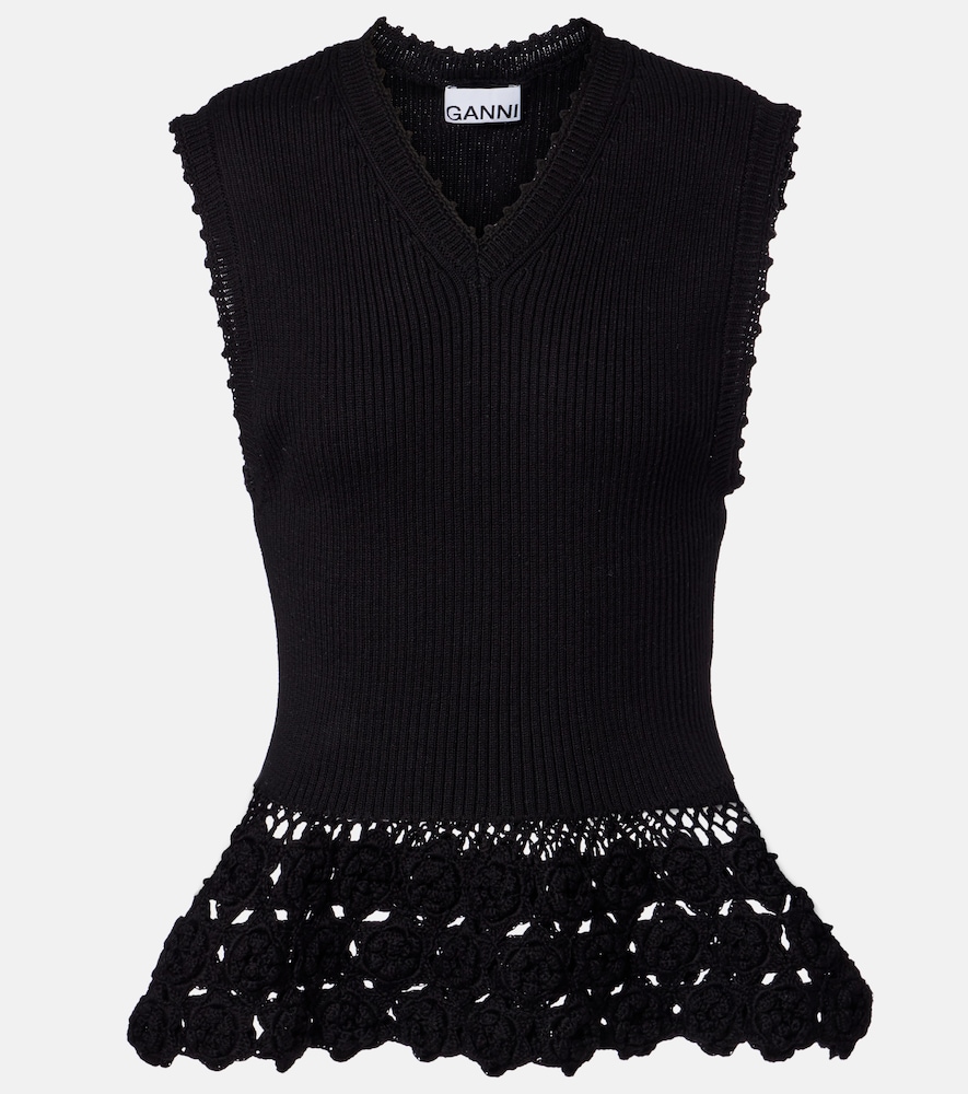 Crochet-trimmed ribbed cotton-blend top