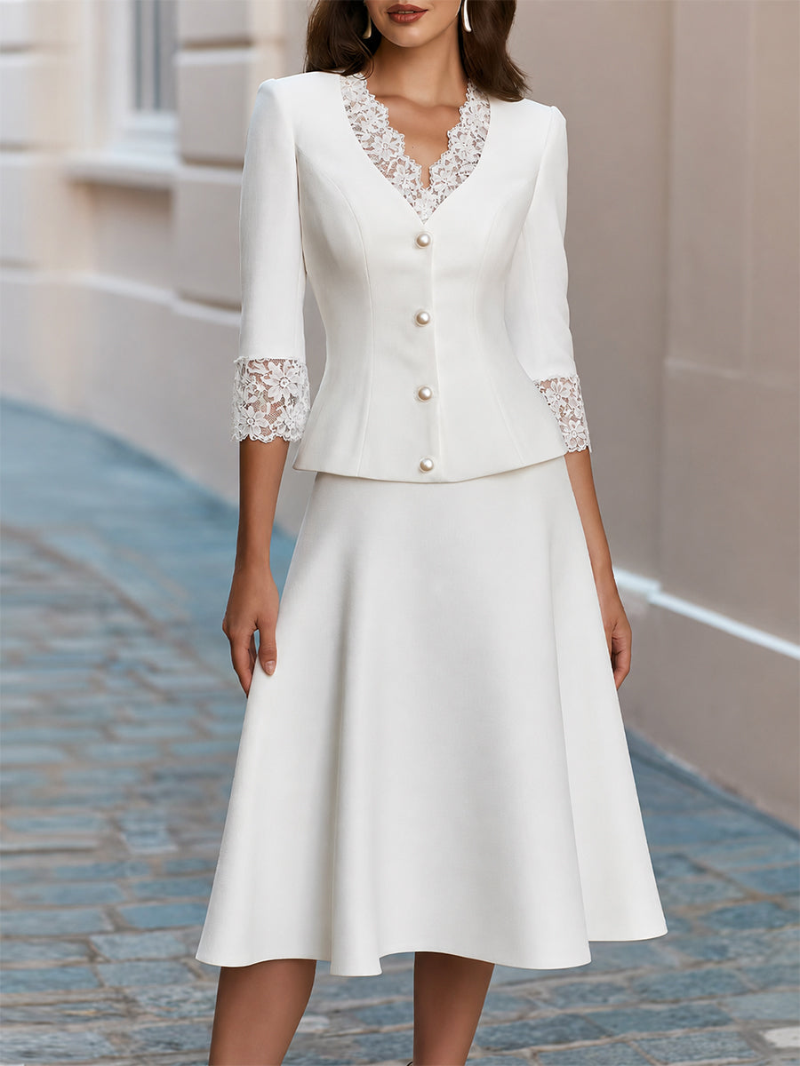 Lace Trim V-Neck Pearl Button  Blazer & Flared Midi Skirt Two-Piece Suit - White
