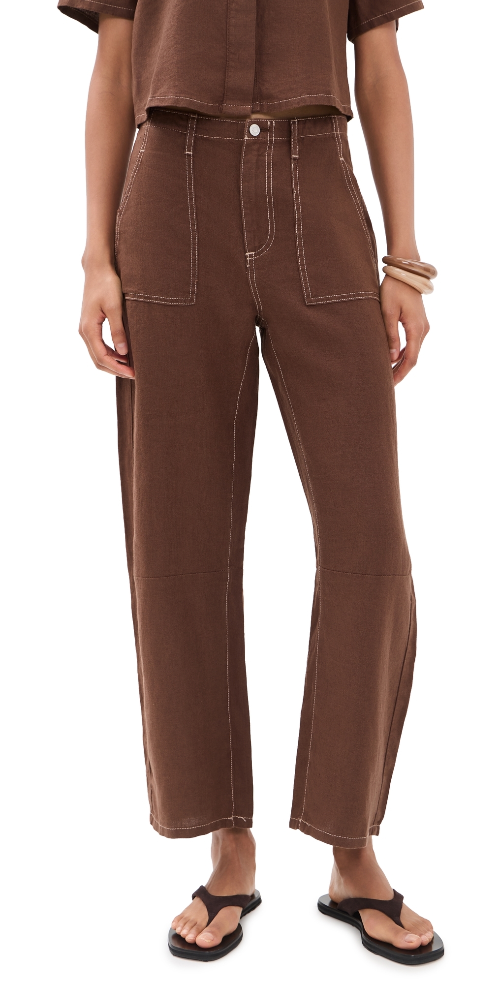 Mid Rise Linen Utility Barrel Pants Cocoa