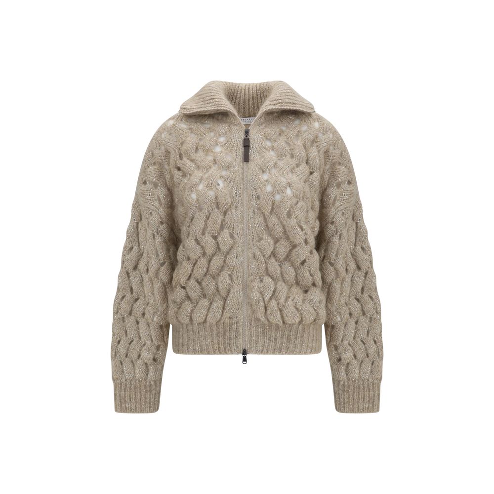 Cable-Knit Mohair Blend Cardigan — Beige