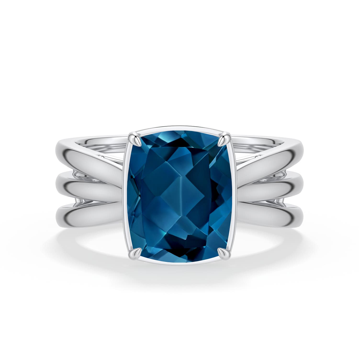 Angara 3.2 CTW Cushion Rectangular London Blue Topaz Triple Split Shank Ring in Silver