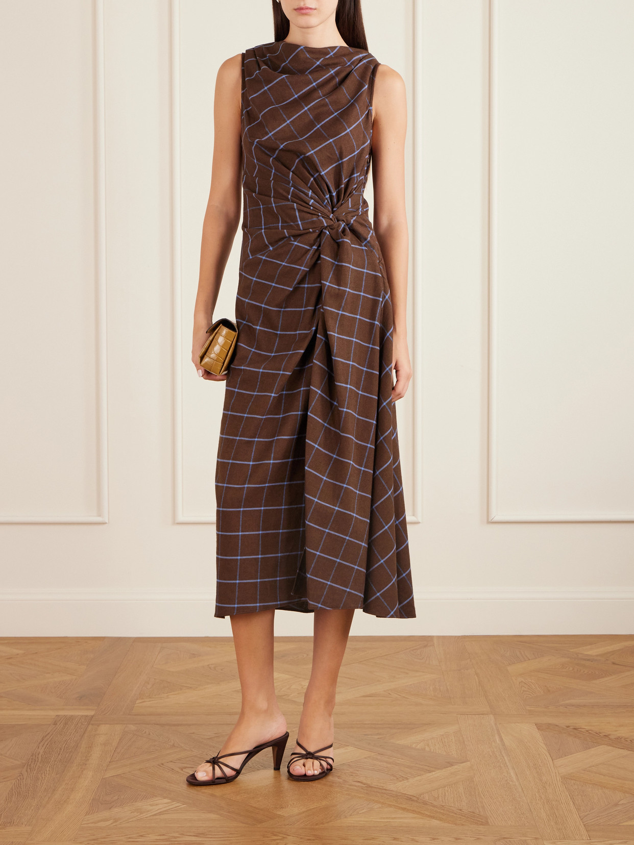 Knotted Checked Cotton-flannel Midi Dress - Brown
