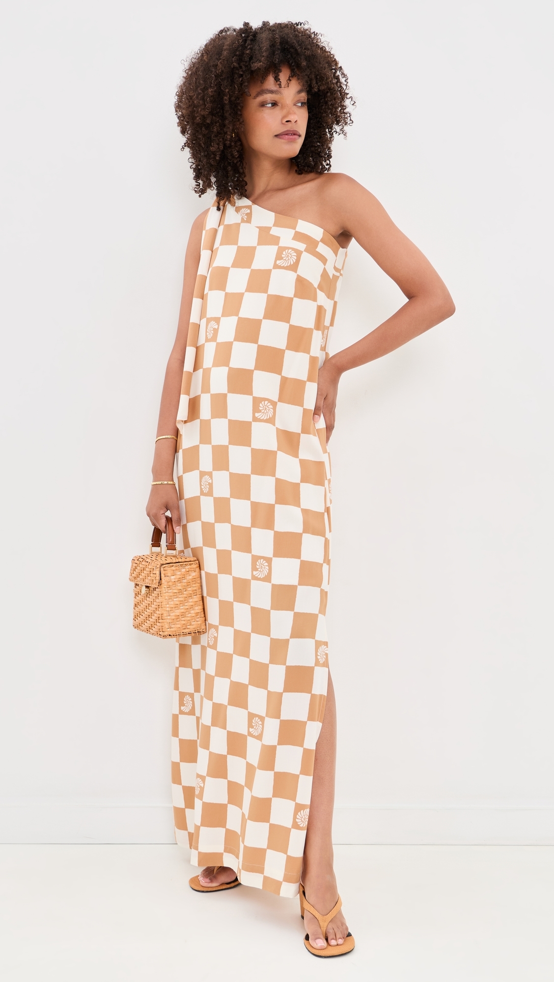 Beige Shell Plaid One shoulder Maxi Dress Beige Shell Plaid