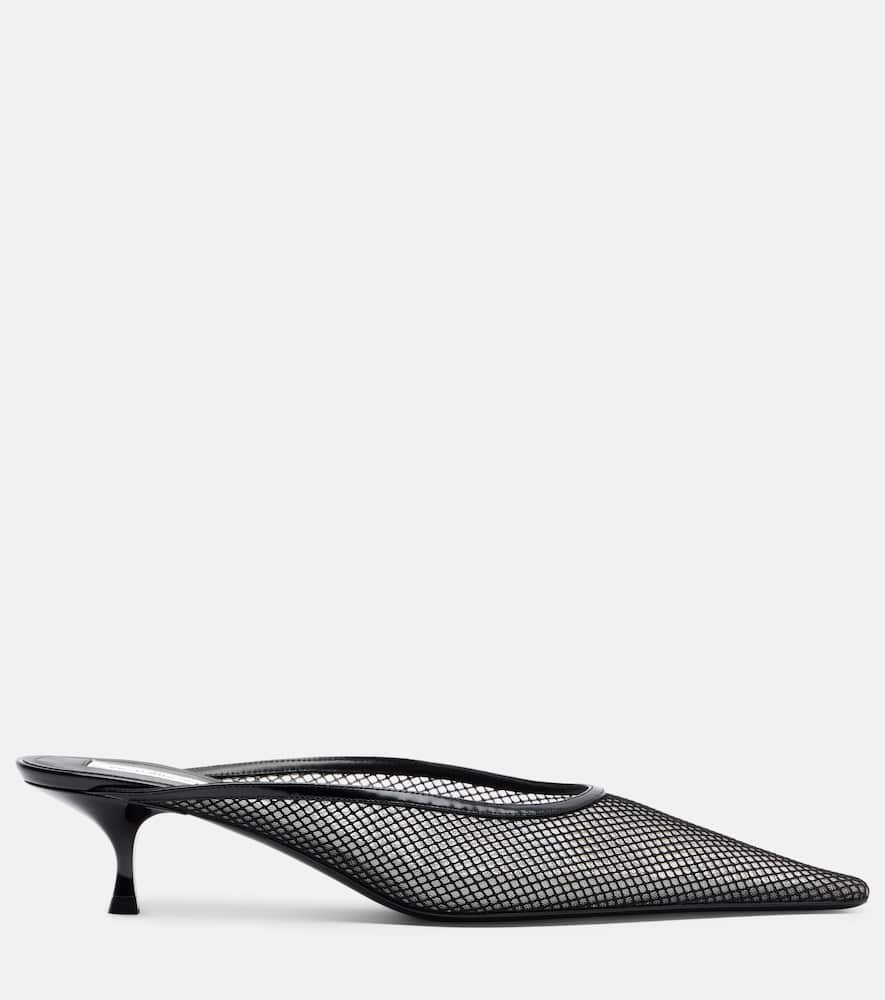 Leather-trimmed mesh mules