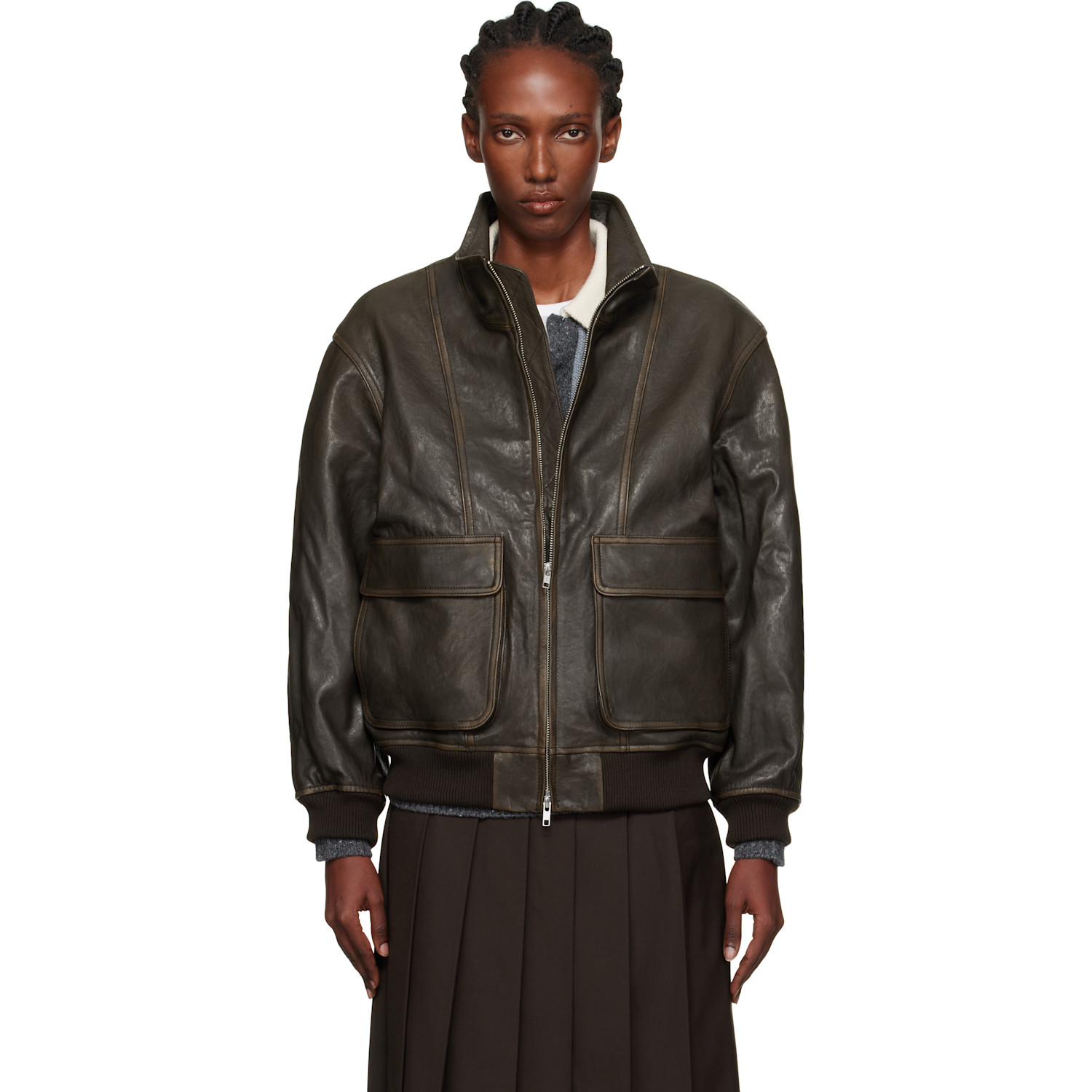 Brown Stand Collared Leather Jacket