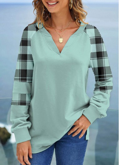Modlily Mint Green Split Plus Plaid Sweatshirt - 3X