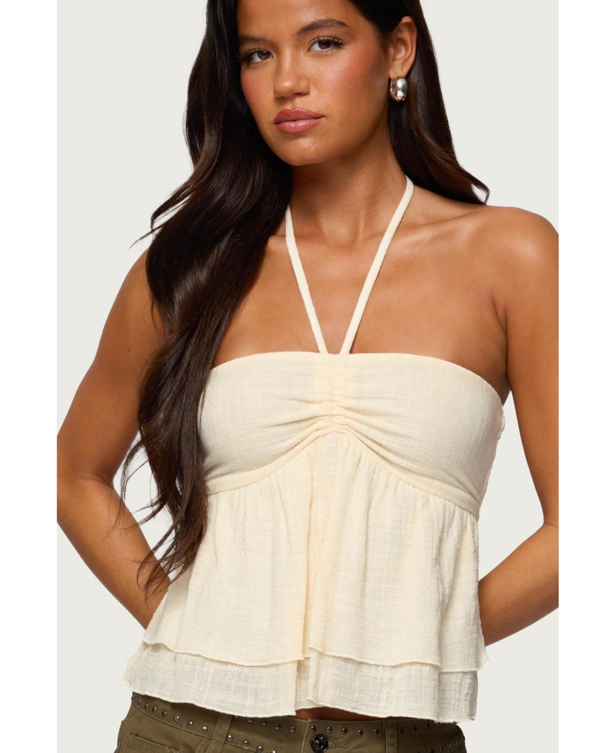 Womens Layered Linen Look Babydoll Halter Top - Cream