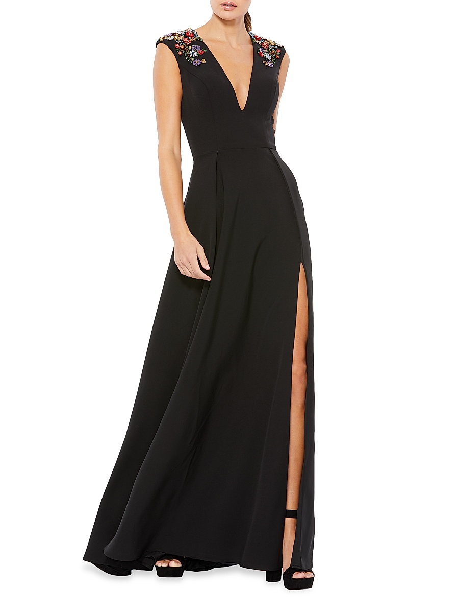 Women's Crystal-Embellished V-Neck Gown - Black
