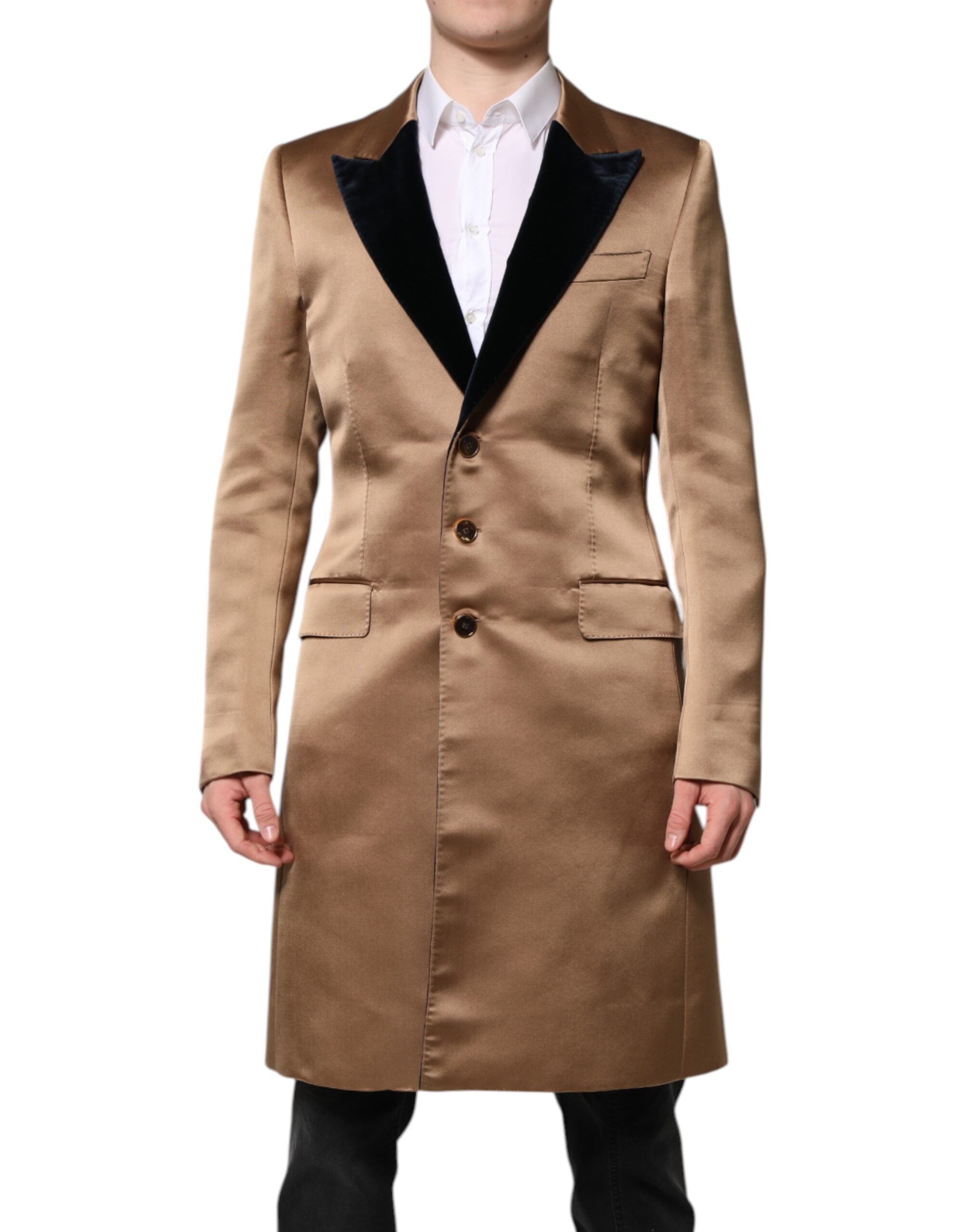 Silk Trench with Velvet Collar Coat — Brown