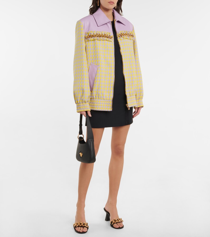 Leather-trimmed checked wool jacket