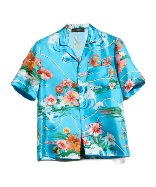 Printed silk twill bowling shirt