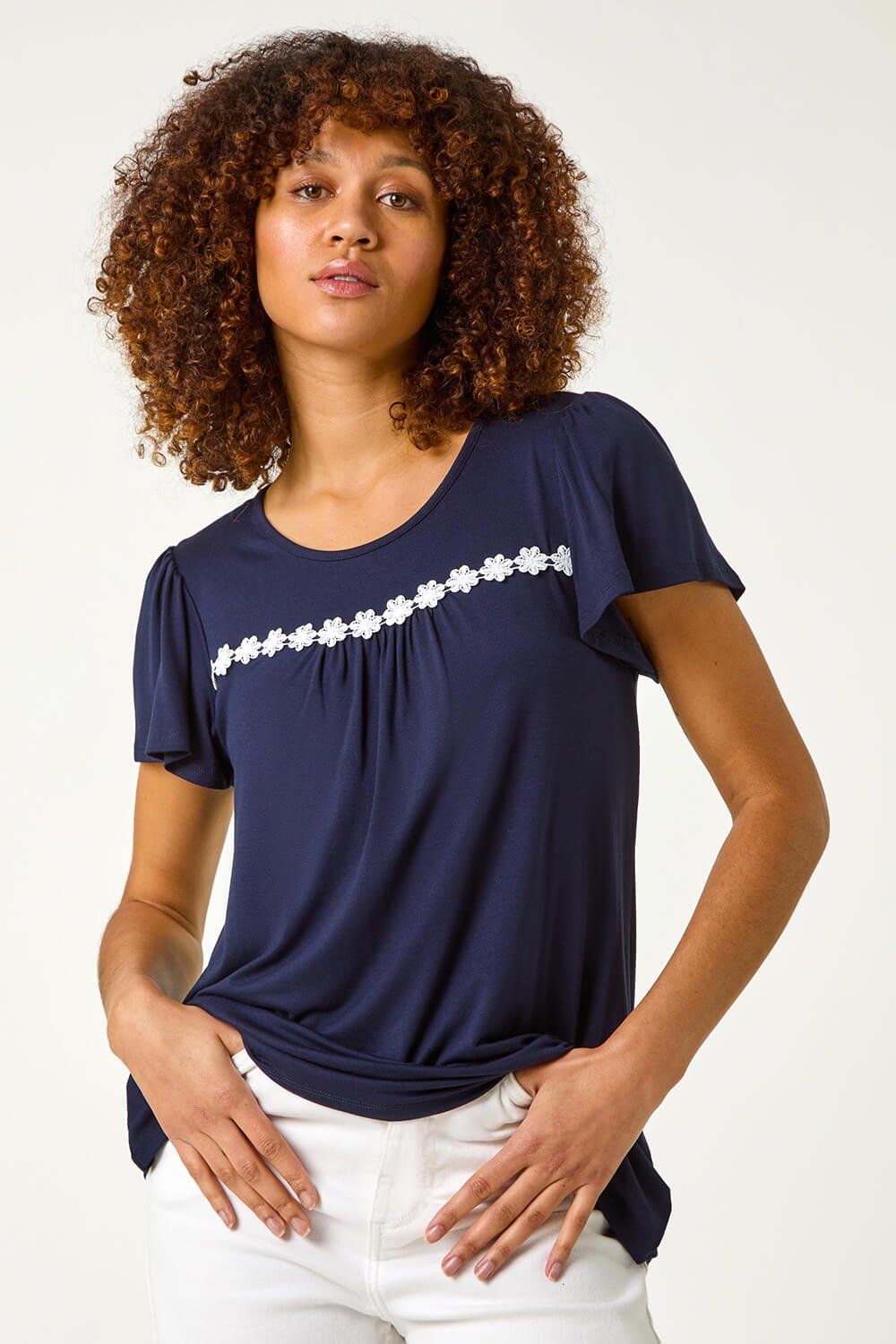 Roman Women's Daisy Applique Stretch Top in Navy