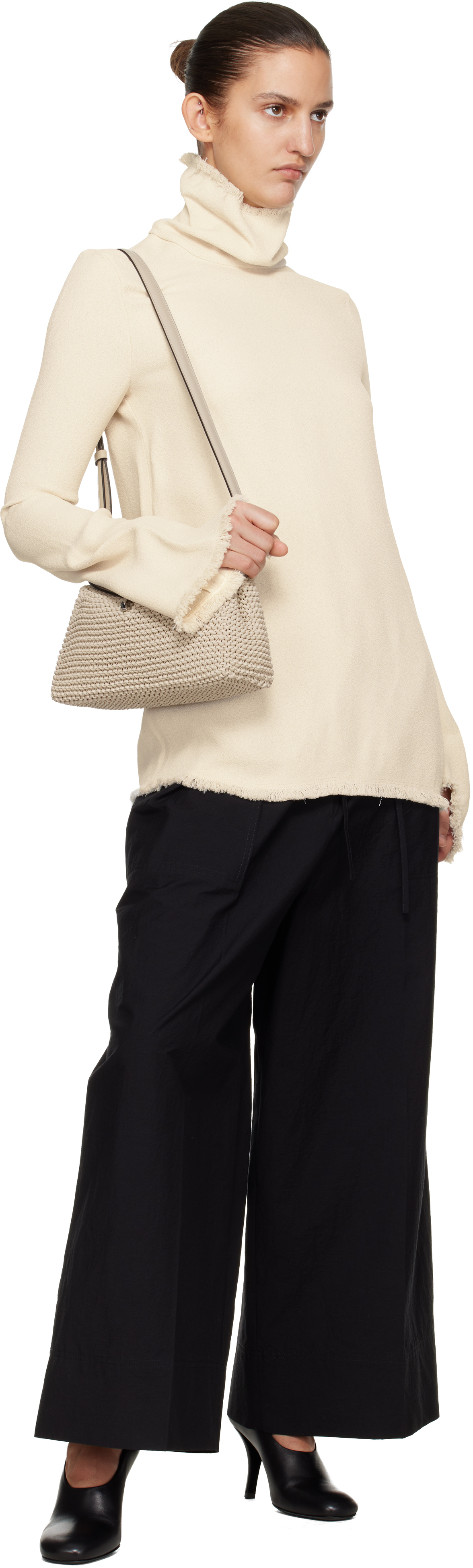 Beige T-Lock Woven-Leather Clutch