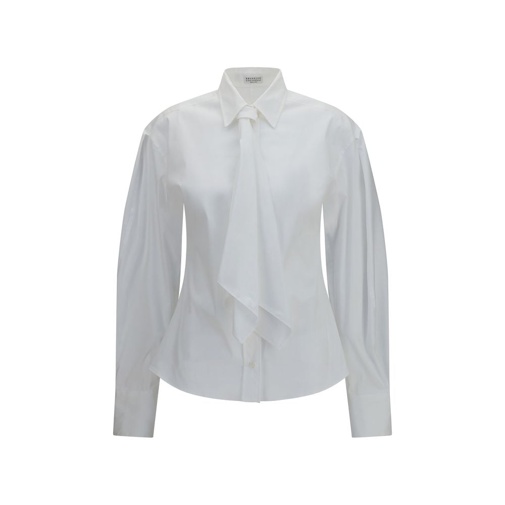 Cotton-Blend Dress Shirt with Tie Shirt — White