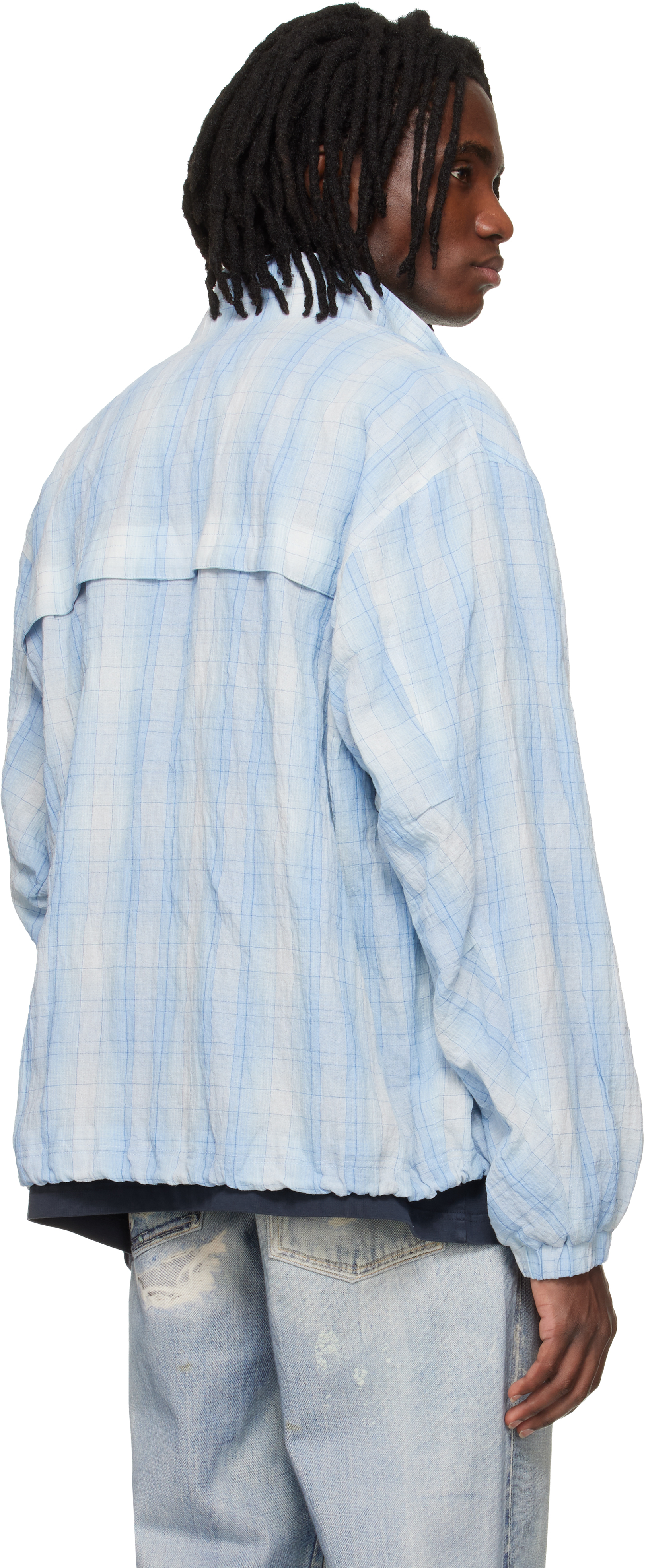 Blue High Neck Check Blouson Jacket