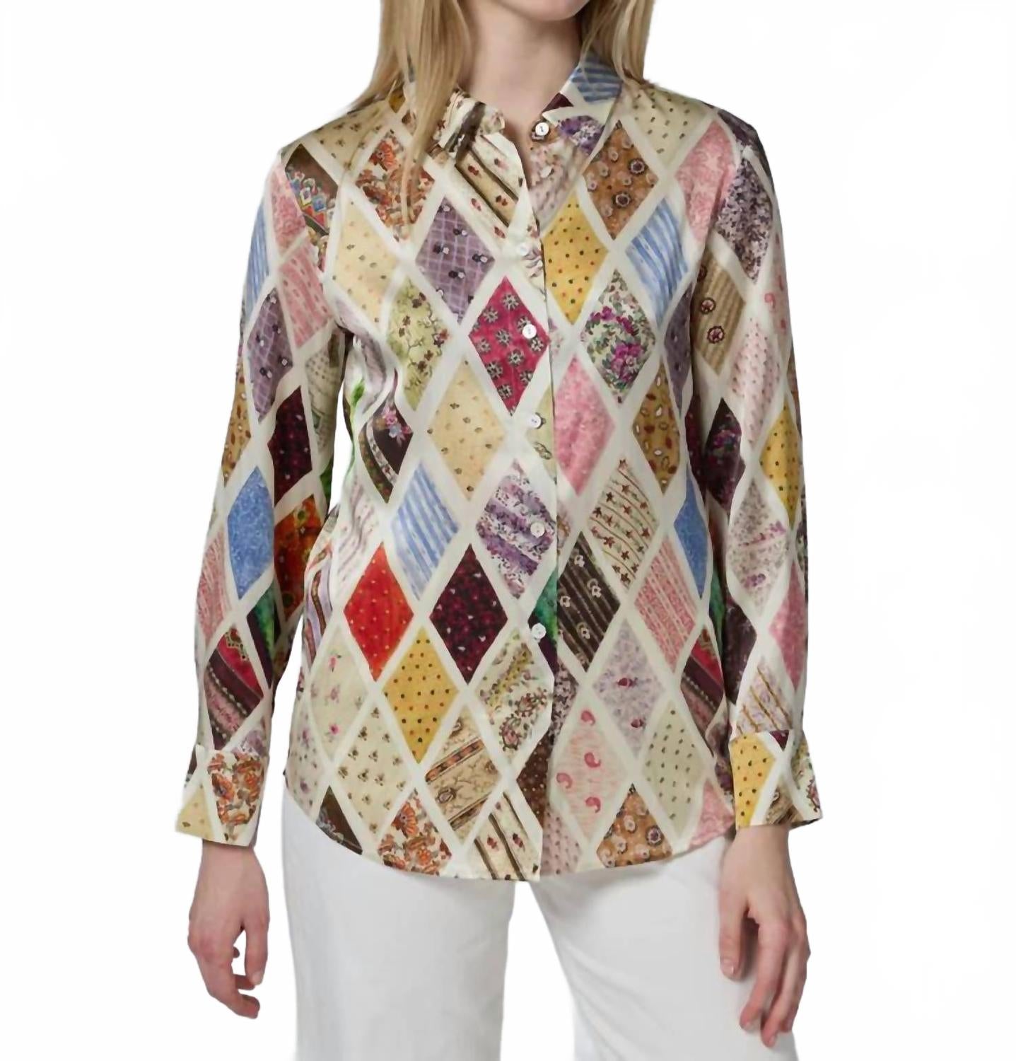 Emerson Button Up Top In Diamond Print
