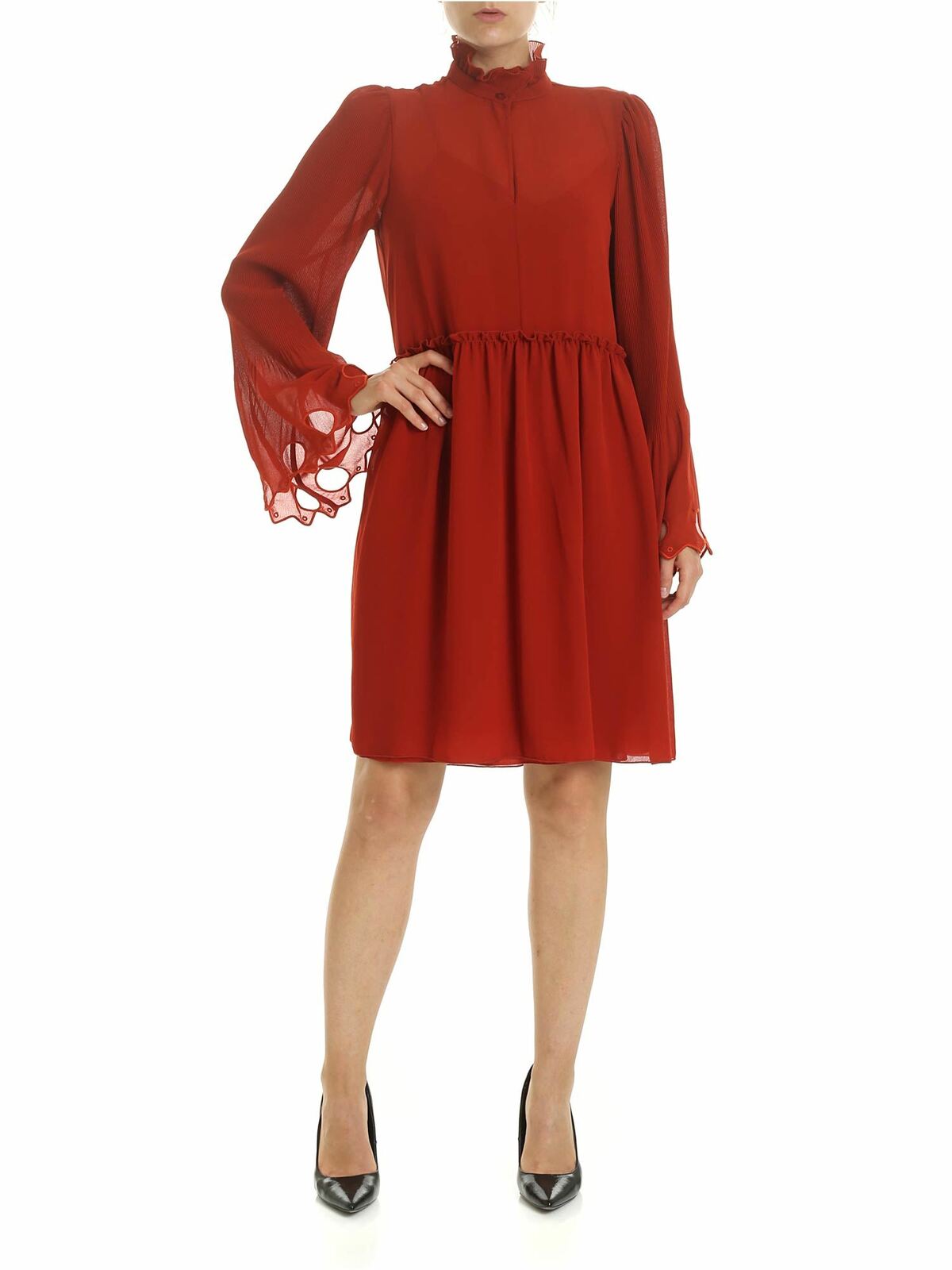 Earthy Red georgette dress with gathered coll
