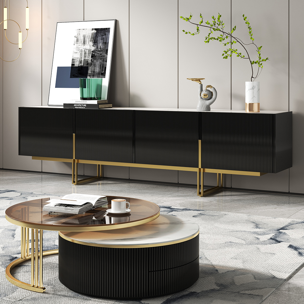 Grovyn Minimalist 95" Off White TV Stand Stone Top Media Console 4 Doors 6 Shelve