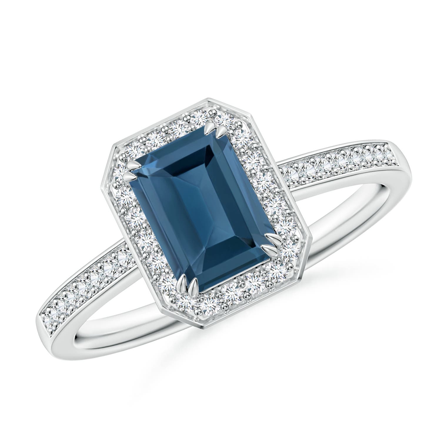 Angara 1.2 Carats Emerald-Cut London Blue Topaz Engagement Ring with Halo in Platinum