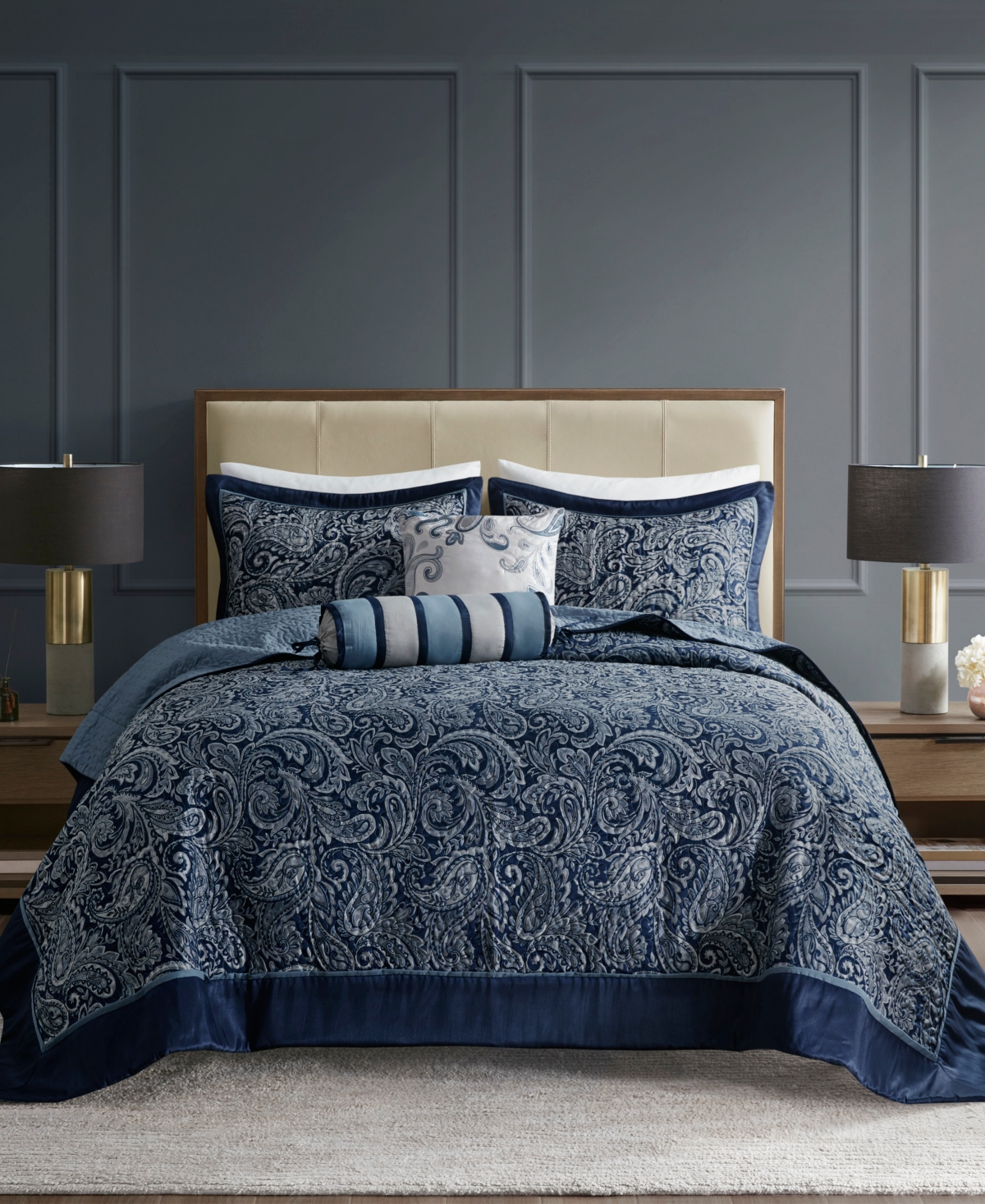 Adeline Paisley 5 Piece Reversible Jacquard Bedspread Set, King - Navy