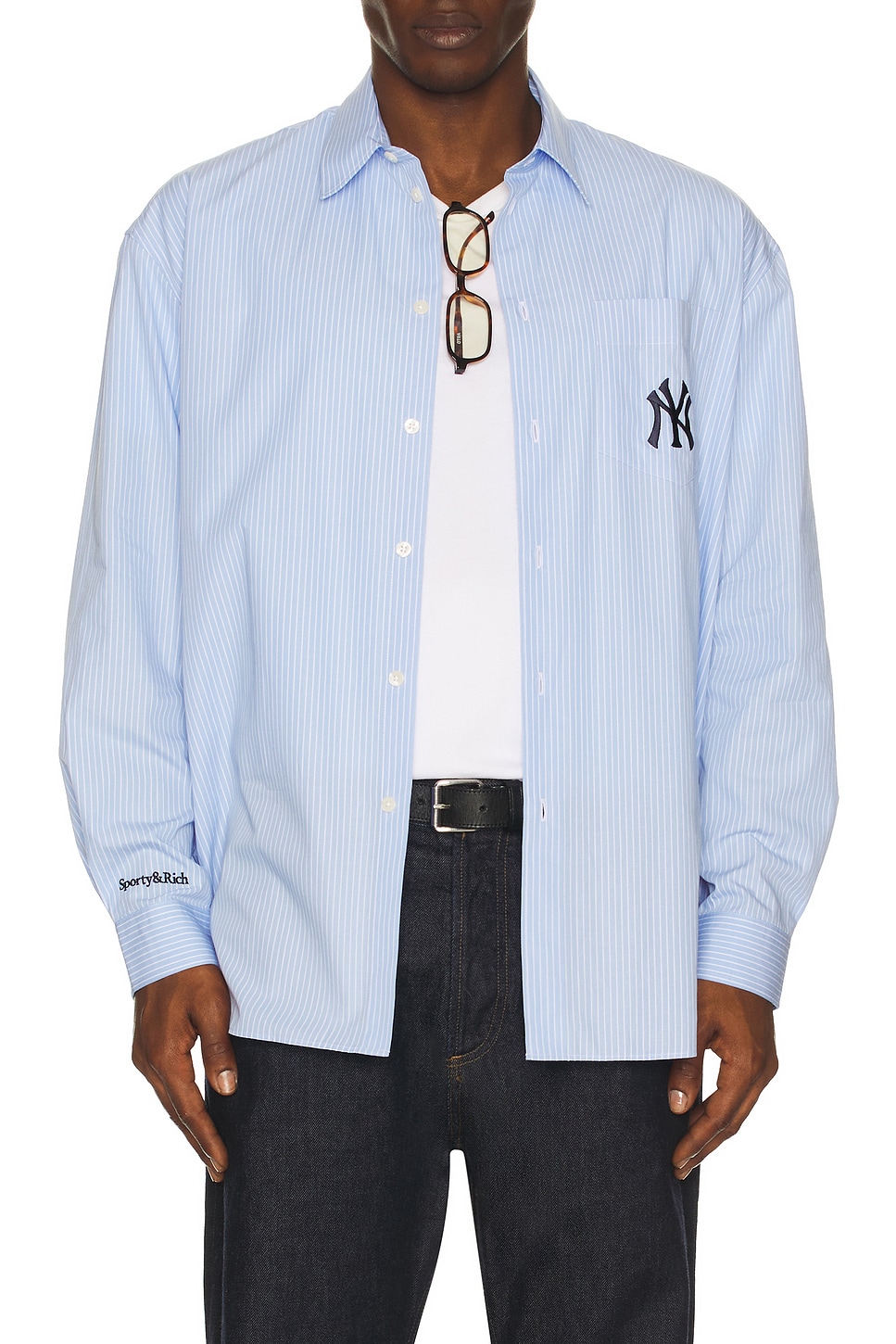 Sporty & Rich Heritage Yankees Serif Oversized Shirt in Blue Stripe - Blue. XL/1X also in