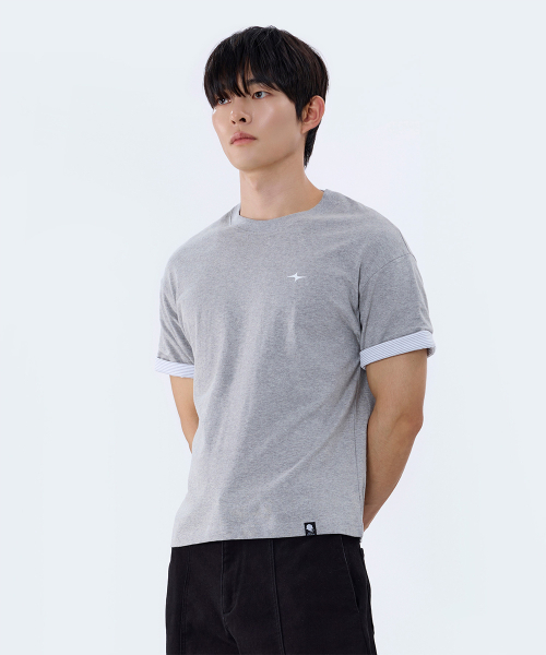 Cropped Stripe Color Block Roll-Up Short Sleeve T-Shirt GT-392_Gray