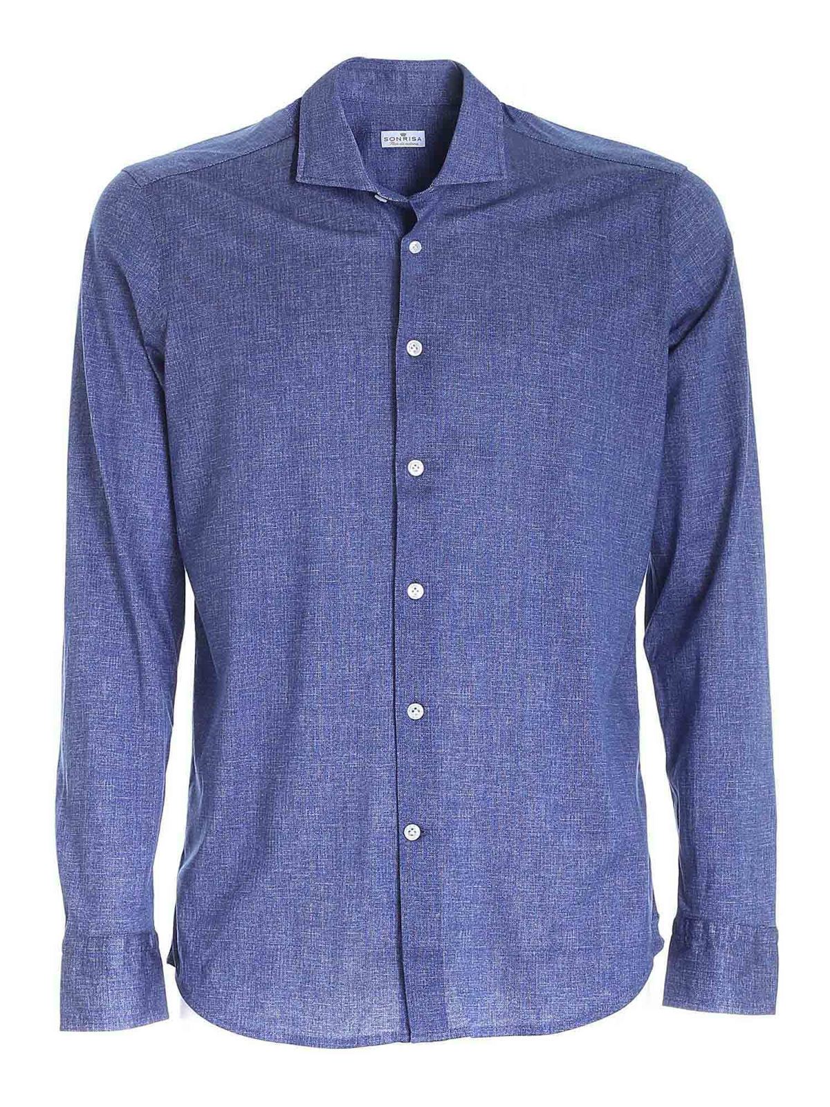 Luxury Shirt In Soft, Precious And Very Fine Stretch Cotton Flower With French Collar In Two-tone Melange Print